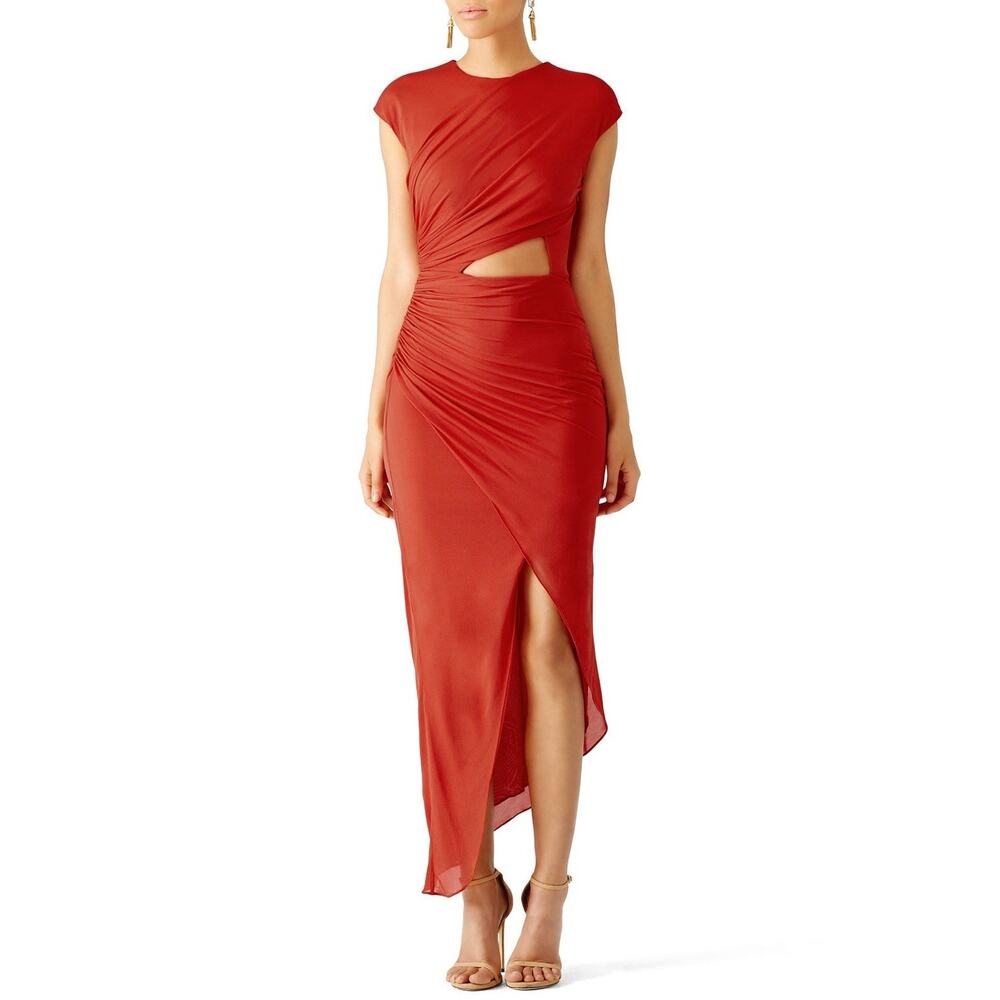 Halston Heritage Draped Jersey Cut Out Criss Cross Gathered Chili Red Dress 8 - Picture 2 of 7